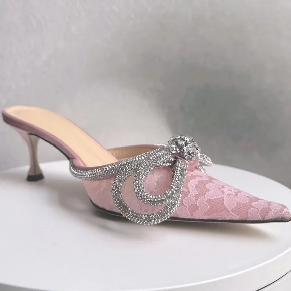 🌺MACH & MACH🌺 Double Bow Floral Lace Mules in Pink Size: 37.5 - Picture 3 of 14